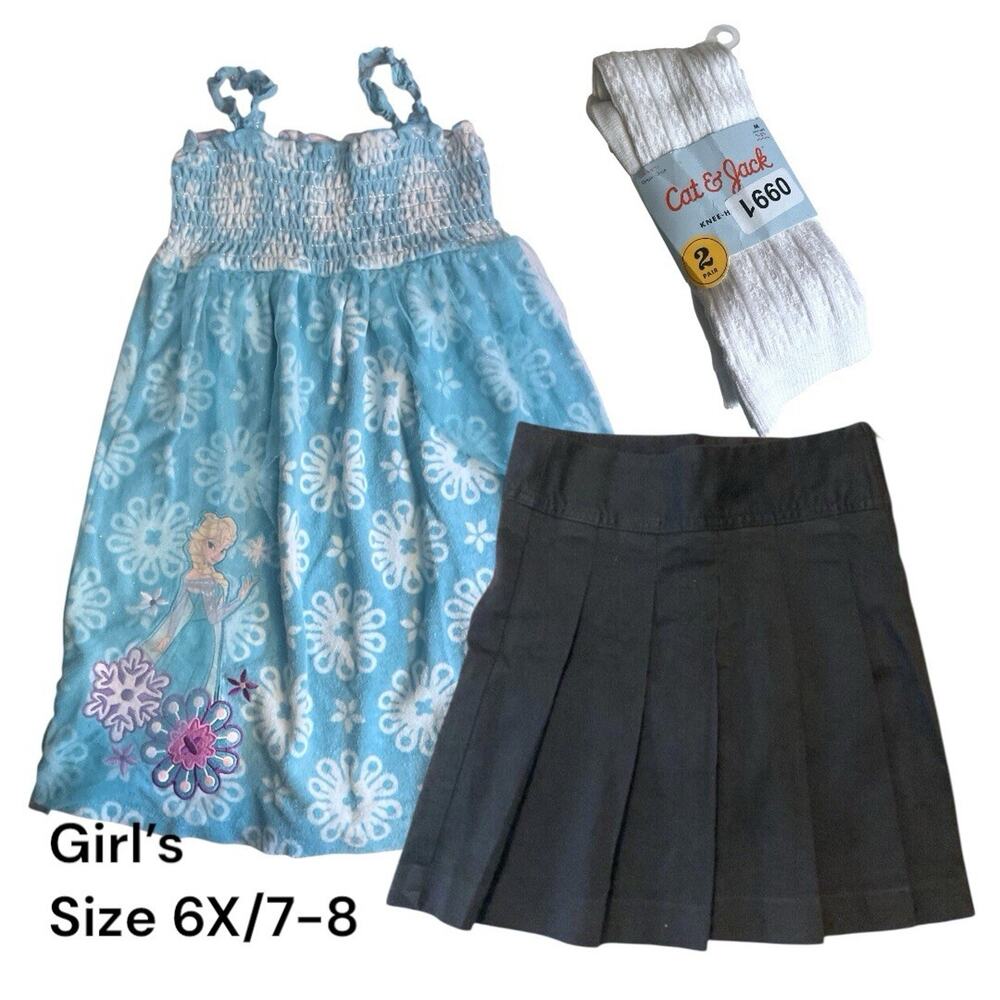 Disney Store Frozen Elsa Dress 7/8 Children Place Black Uniform Skort 6X/7-Socks